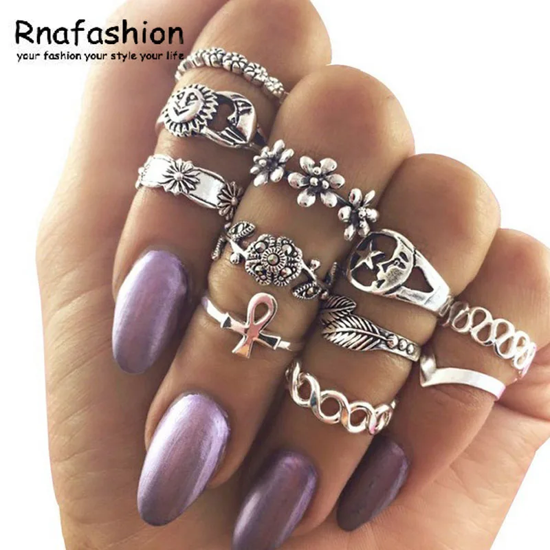 RNAFASHION Vintage Hand Ring Sets for Women girls Anillos Antique Turkish Flower Moon Knuckle Rings Jewellery 11PC | Украшения и