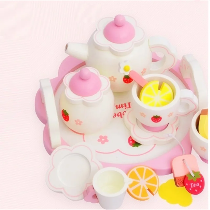 

Original Blooming Stars Strawberry Pretend Play Wood Kitchen Toys Pink Afternoon Teapot Cake bowl Dish cup Girl Present Gifts