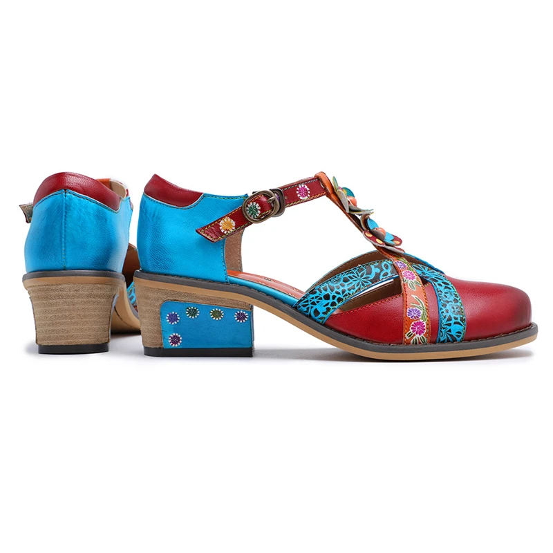 Flores Patchwork Bombas Mano Verano Hebilla Bohemio Decoración De Metal Red A Sexy Real Hecho Tacones Hueco Cuero 2019 Zapatos OpqRnnx
