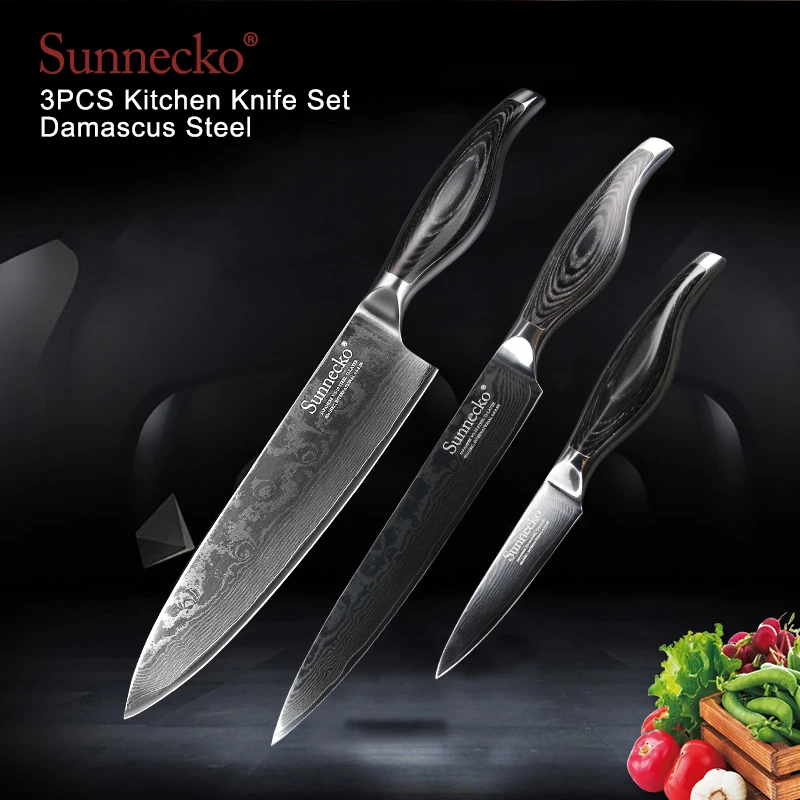 

SUNNECKO 3PCS Kitchen Knives Set Chef Slicing Paring Knife Damascus Japanese VG10 Steel Blade Wood Handle Sharp Meat Cutter Tool