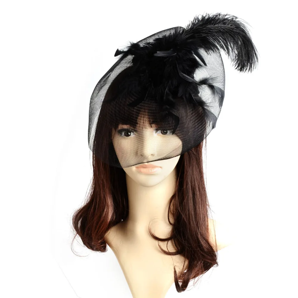 

Black Feather Mini Top Hat Organza Mesh Hair Clip Fascinator Veil Wedding Bridal Party Wedding Brides Hair Accessories