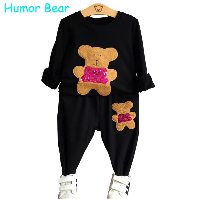 

Humor Bear Autumn Girls Clothing Set Cartoon Sequins Bear Embroidered Long Sleeved + Pant Suit Girls Set Baby Girls Clothes