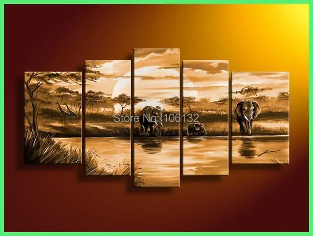 Framed 5 Panel Large Africa Art Painting on Canvas South African Wall