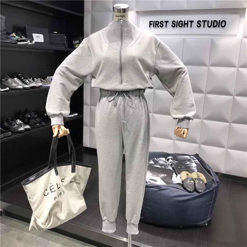 

2019 Spring New Women's Pure Color Long Sleeve Zipper Jumpsuit Rompers Student Female Casual Harun's Pants Overalls