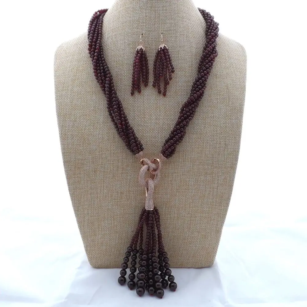 

23" 8 Strands Garnet Necklace Earrings Set