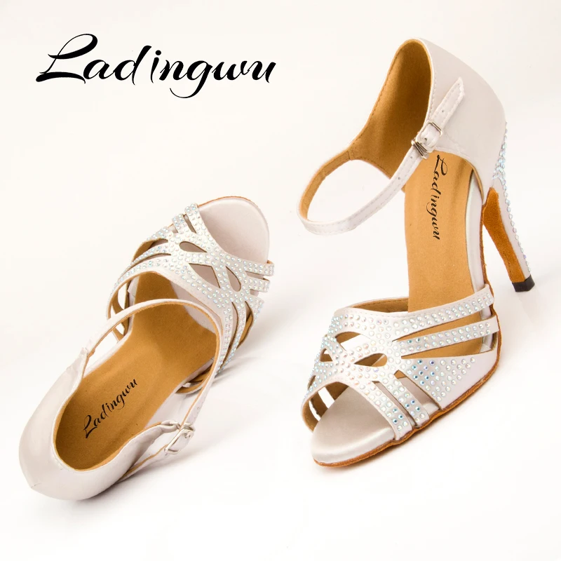 Ladingwu Hot Apricot And Silver satin  Women's Latin dance shoes Ballroom dance shoes Party Square dance shoes soft heels 10cm