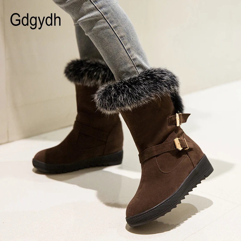 

Gdgydh 2018 Black Real Fur Ladies Snow Boots Plus Size 43 Good Quality Winter Boots Women Warm Shoes Platform Heels Wedges Shoes