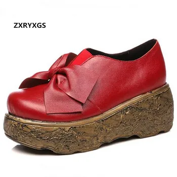 

Elegant Bow Handmade Cowhide Leather Shoes Woman New 2019 Spring Retro Light Women High Heel Shoes Platform Wedges Fashion Shoes