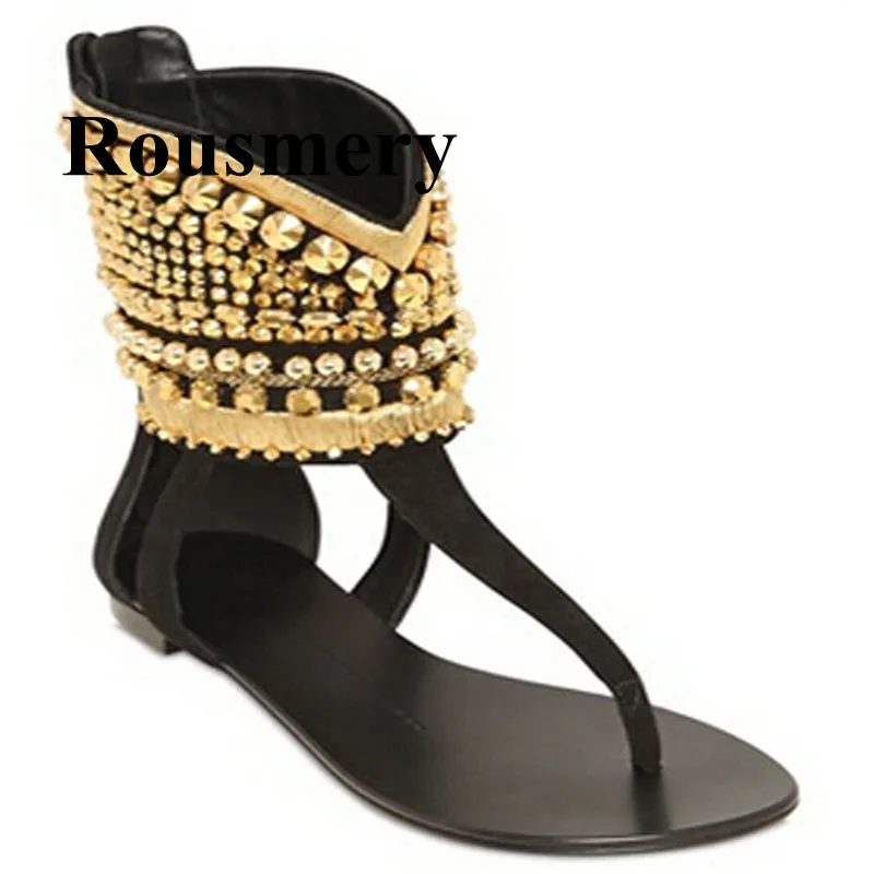 

hot selling gold rivetd drecor ankl wrap beach flat sandals woman flat gladiator sandal shoes