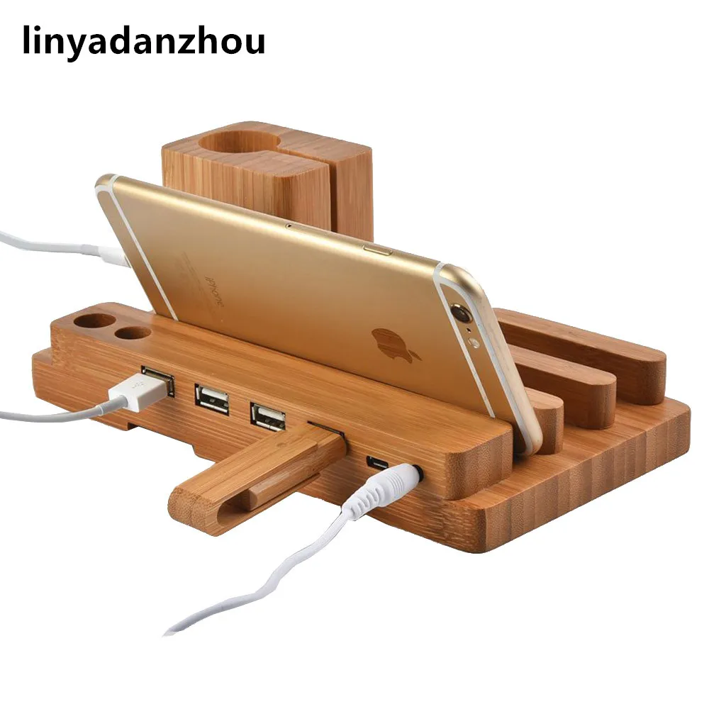 linyadanzhou 4 USB Multi function Bamboo Phone Desk Stand Holder for