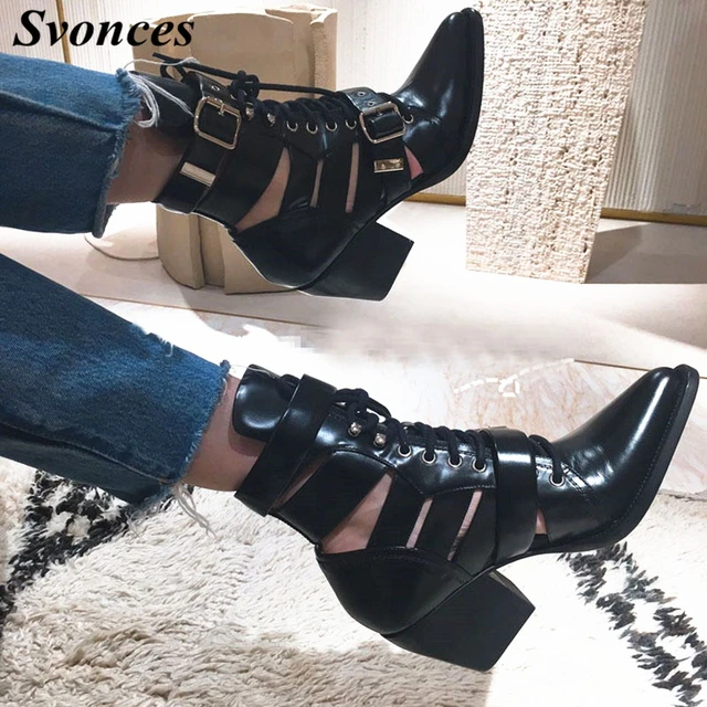 Cut Ankle Boots Buckles  Pointed Toe Cutout Ankle Boots - Heels Ankle  Boots Women - Aliexpress