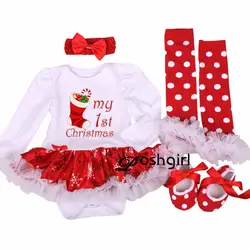 Мое первое Рождество для маленьких девочек комплект одежды кружевной комбинезон платье повязка гетры кроватки обувь для девочек