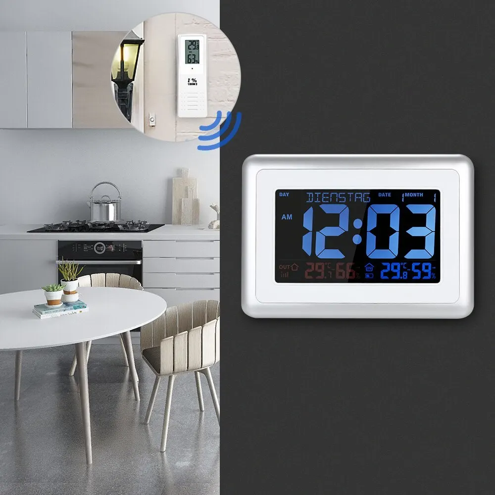 

Indoor Outdoor Digital Thermometer Hygrometer Calendar Clock Weather Station Temperature Humidity Meter Voice Control Backlight