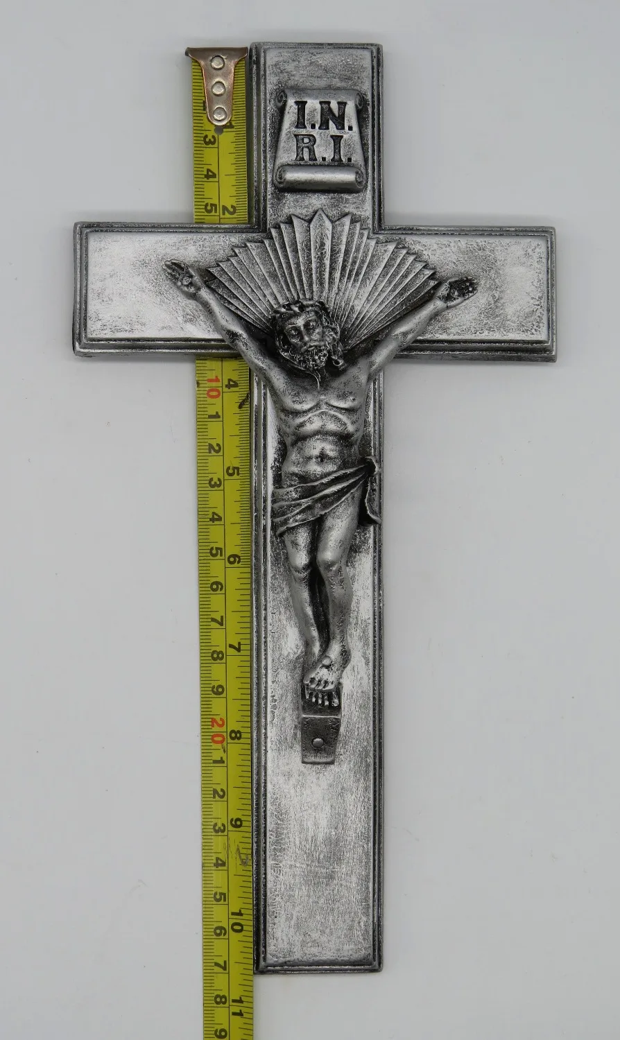 

Catholic Resin Jesus Christ on INRI Cross Wall Crucifix Home Chapel Decoration 10.5 Inches Silver Antique Finish