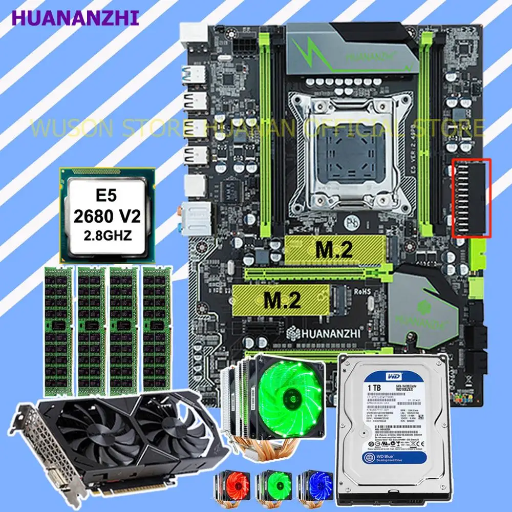 Best Price HUANANZHI X79 Pro motherboard with DUAL M.2 slot CPU Xeon E5 2680 V2 with cooler RAM 32G video card GTX1050Ti 4G 1TB SATA HDD