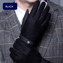 Autumn Winter Leather Gloves Male Anti-Wind Ski Touchscreen PU Gloves Hand Back Wool Cloth Driving Mittens ST8105