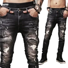 Good Quality Mens Slim Biker Jeans Black 100 Cotton Motorcycle Ripped Jeans Distressed Denim Jeans Pants