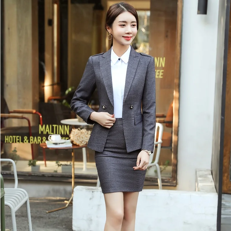 Novelty Grey Formal Blazers Suits With 2 Pieces Tops And Skirt For