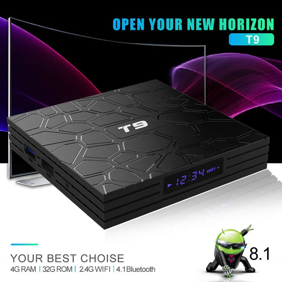

Newest T9 TV Box Android 8.1 4GB RAM 32GB/64GB Smart TV Box ROM Rockchip RK3328 1080P H.265 4K 2.4G/5Ghz Dual WIFI media player