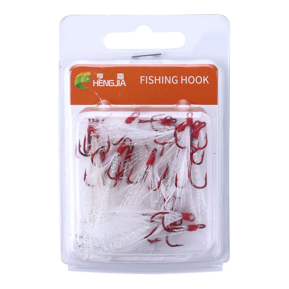HENGJIA 20PCS 2 Colors Feather Hook High Carbon Steel Treble Fishing