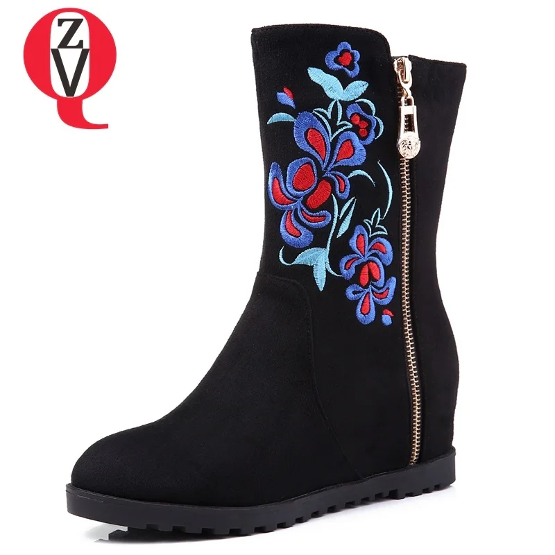 

ZVQ 2018 newest hot sale flock embroider round toe zipper mid calf boots outside wine red and black concise leisure women shoes