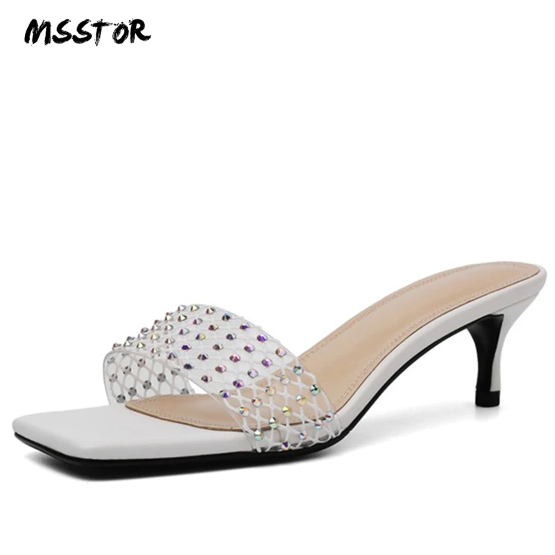 

MSSTOR Rivet High Heel Slippers Black Peep Toe Crystal Slippers Women Summer Mixed Colors Rubber Party Sexy 2019 Women Shoes