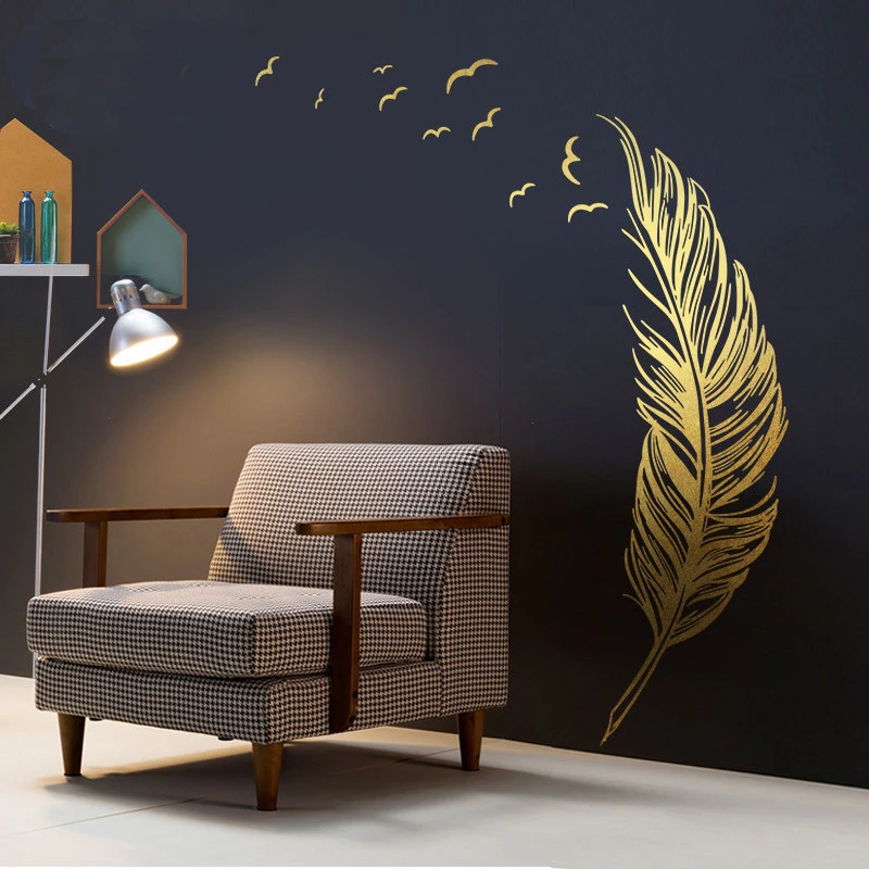 Flying paired Golden feathers wall sticker