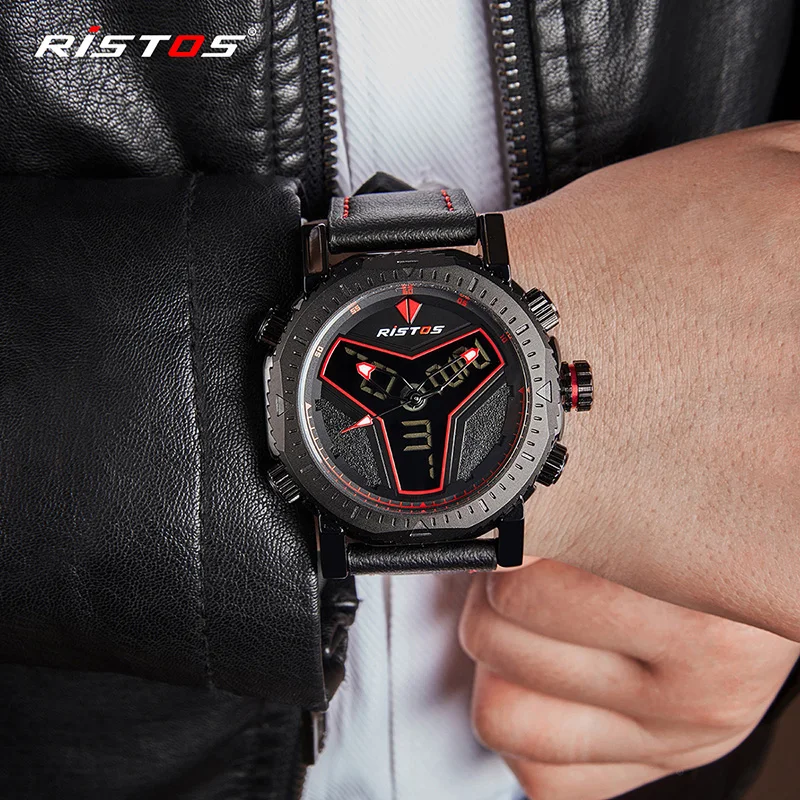 RISTOS многофункциональные кожаные часы мужские модные спортивные кварцевые часы Reloj Masculino Hombre цифровой аналоговый светодиодный наручные часы 9341