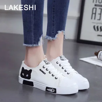 

Fashion Women Shoes Women Flats Canvas Shoes Platform Sneakers Women Lace Up Cartoon Cat Ladies Board Shoes White Female Shoes