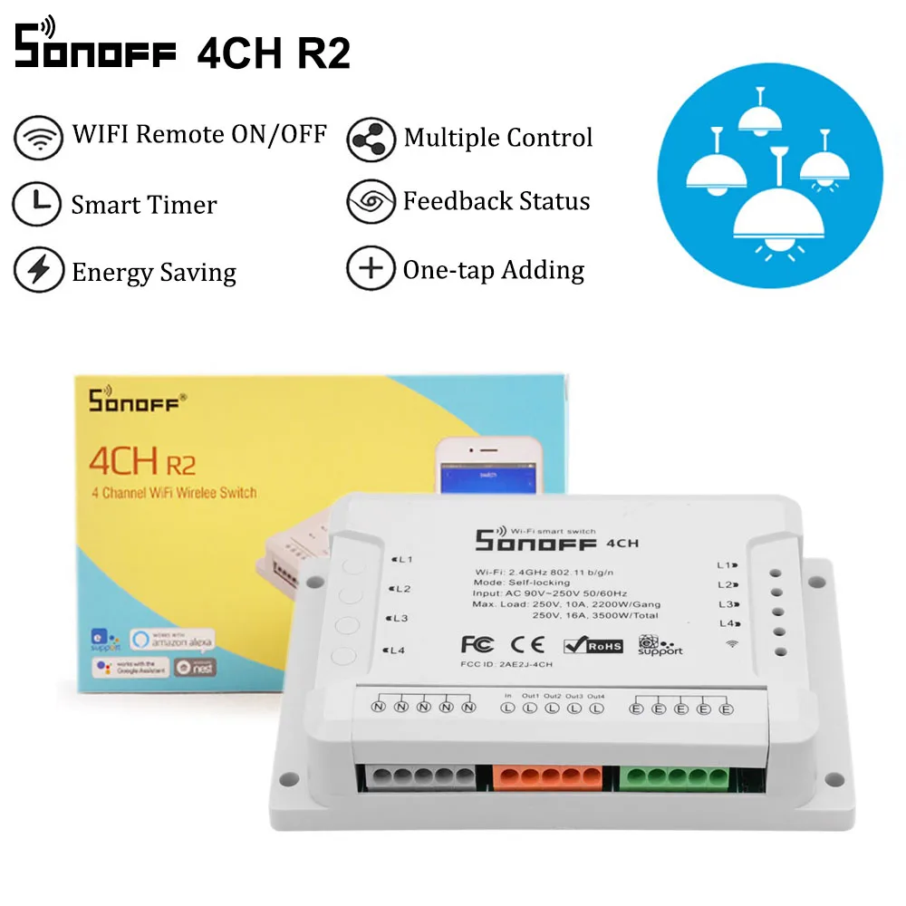 Baratos Interruptor inteligente Sonoff 4CH R2 4 Gang Wifi, 4 canales interruptor electrónico IOS Android App Control, funciona con Alexa Google Home