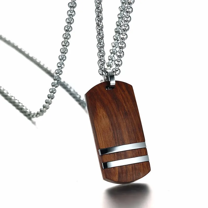 

Men's Real Rosewood and Dog Tag Style with Stainless Steel Inlay Pendant Necklace for Male Jewelry Stylish Mens Accessories