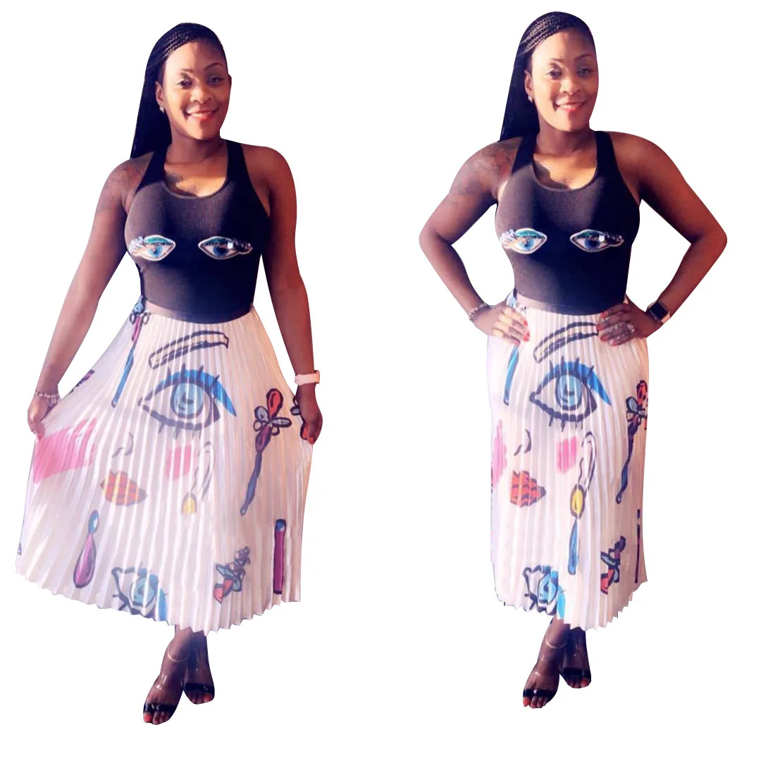 J1773 суперэластичное трикотажное полотно белый Принт натуральная линия талии до середины икры Длина плиссированная юбка