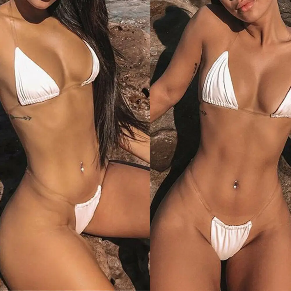 2019 conjunto de Bikini Sexy para mujer, traje de baño de Color sólido, traje de baño con tiras transparentes, traje de baño sólido