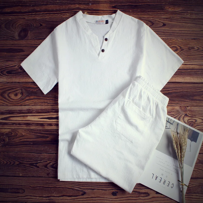 mens white linen short sets
