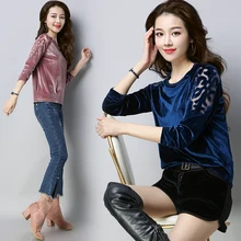 Женская футболка бархатная с полыми цветами с длинным рукавом пикантный зауженный сплошной рубашки