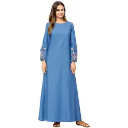 Для женщин мусульманский абайя платье с длинным рукавом и круглым вырезом плюс Размеры 4XL вышивка цветок мусульманское платье кафтан Marocain