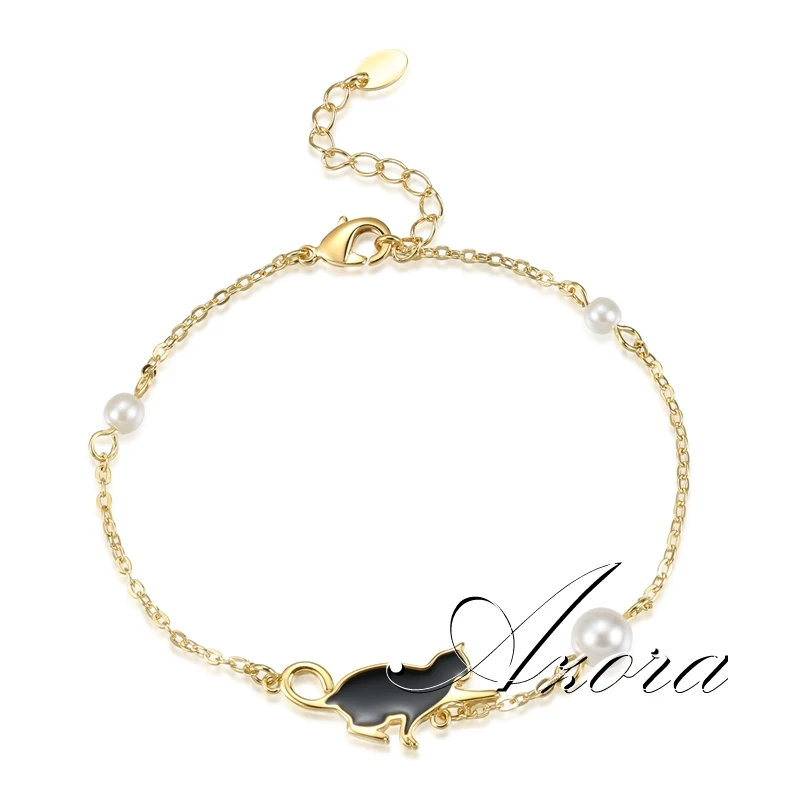 AZORA бренд дизайн милый черный кот браслет для женщин девочек Повседневные Вечерние жемчужные ювелирные изделия подарок TS0210