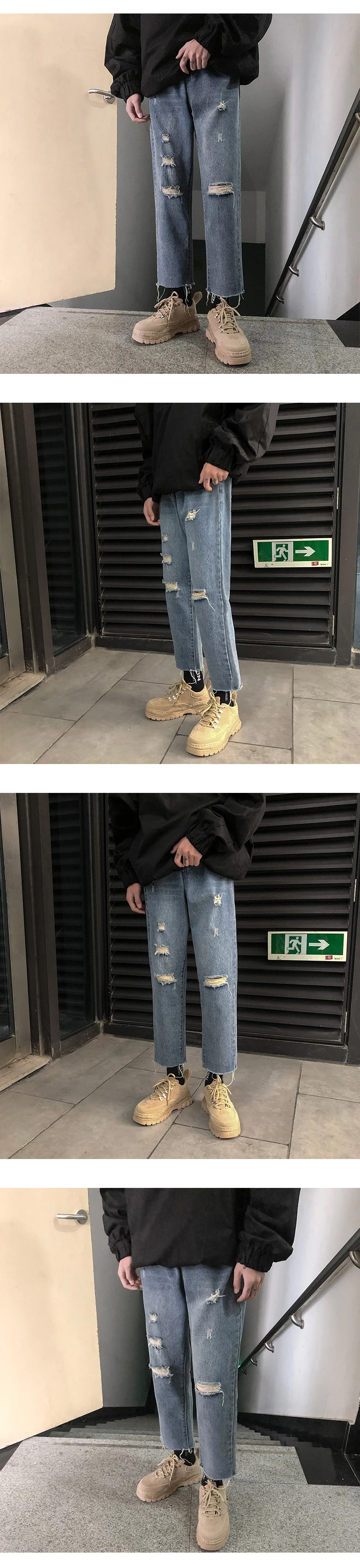 2019 Весна Повседневные потертые отверстия мешковатые Homme классические черные джинсы мужские Винтаж Стиль Досуг прямые ноги мужские