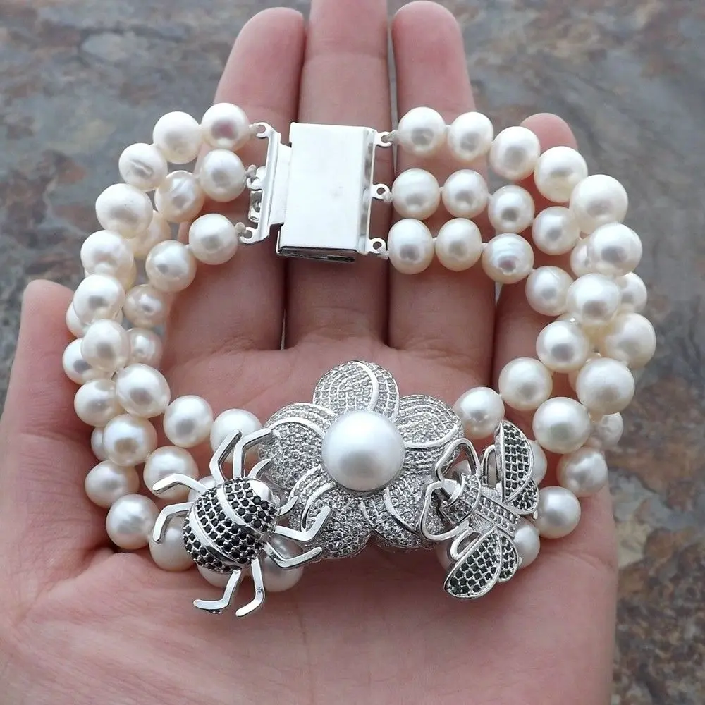 

K112110 8" 3Strands White Pearl Bracelet CZ Connectors