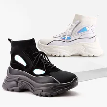 ADBOOV New High Top Platform Sneakers Women Glitter Ankle Boots Sock Shoes Woman Unisex Dad Chunky Sneakers Zapatos De MuJjer