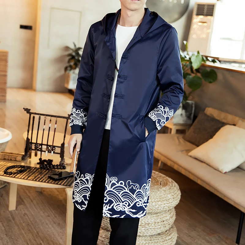 Chinese Mens Trench Coat Spring New Long Casual Overcoat Spray Print Hooded Male Big Size Trench Coat Windproof Homme Chinese Mens Trench Coat Spring New Long Casual Overcoat Spray Print Hooded Male Big Size Trench Coat Windproof Homme
