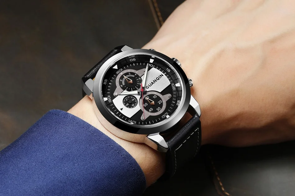GUANQIN спортивные часы Для мужчин хронограф световой Водонепроницаемый бренд кварцевые Военная Униформа кожа Для мужчин наручные Relogio Masculino