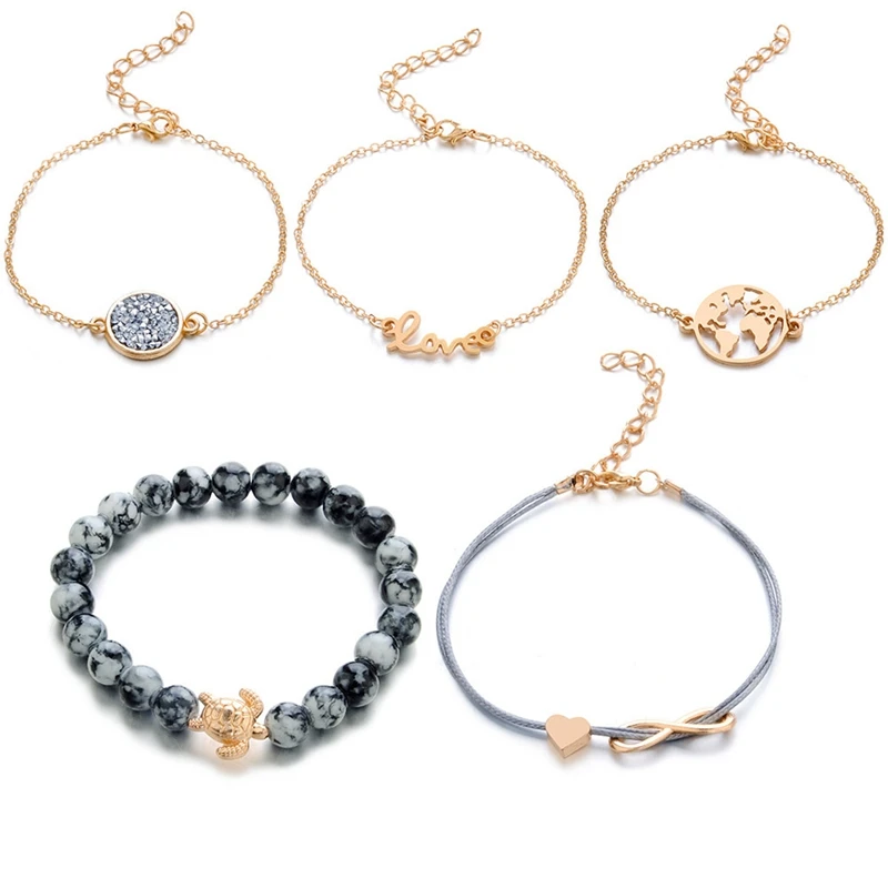 

Weaving Love 8 Letters English Love World Map Bracelet Five-piece Suit Punk Beads Chain Multilayer Charm Girl Jewelry Gift