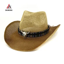 QIUBOSS коричневая краска-спрей с большими полями, бумага, ковбойская соломенная шляпа, уличная унисекс, мужская и женская шляпа для защиты от солнца, Пляжная Панама, солнцезащитная Кепка