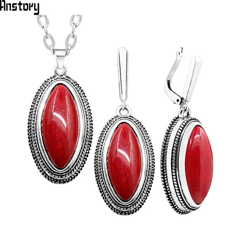 Double Layer Rhombus Red Stone Set Retro Necklace Earrings Set For Women Antique Silver Plated Fashion Jewelry - Окраска металла: Red