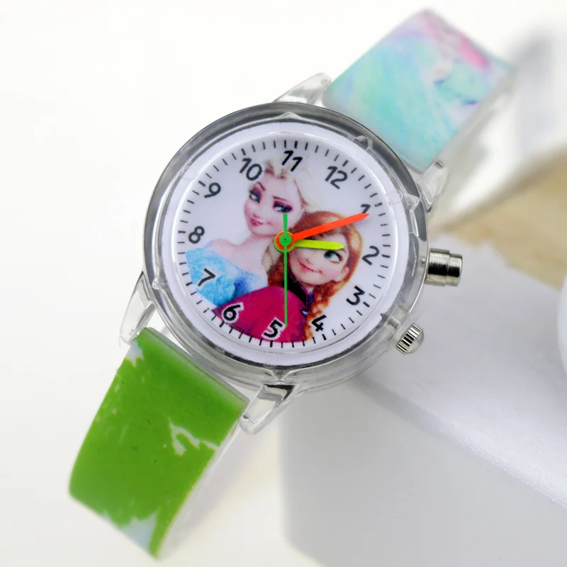Детские часы «Принцесса Эльза», «Человек-паук», разноцветный светильник, часы для мальчиков, часы для девочек, подарок на вечеринку, наручные часы, Relogio Feminino - Цвет: Girl Green Flash