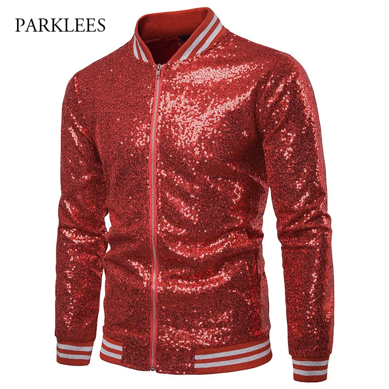 Stage Perform Costume Jacket Men Coat Shiny Sequins Red Glitter