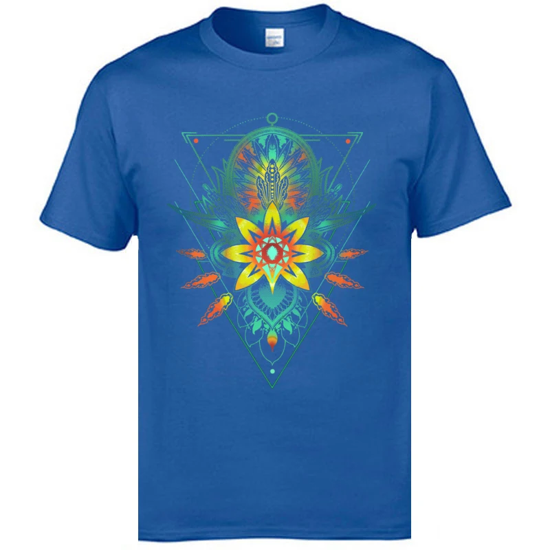 Tees Summer Clothing Shirt Summer Hip Hop comfortable Short Sleeve 100% Cotton Crewneck Mens T-Shirt comfortable Geometric Triangle Mandala Ornament Lotus Flower blue