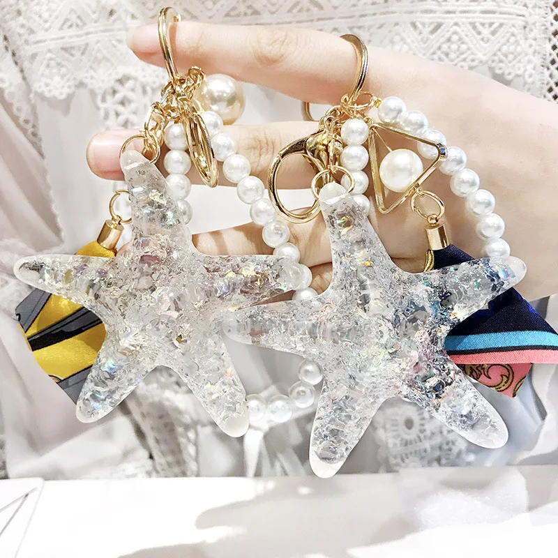 

Hot New Cartoon Sea World Starfish Pearl Shell Keychain Key Chain Keyring Crystal Pendant Car Keychains Bag Pendant Women Gift