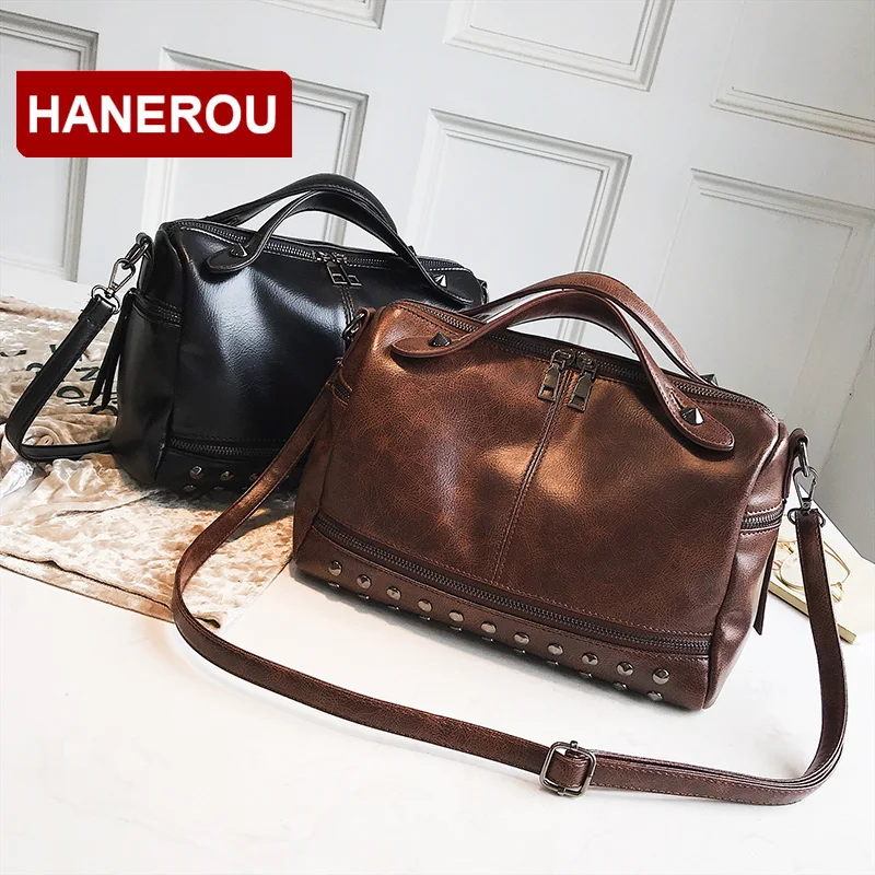 

Ladies Soft Leather Handbags Vintage Women Shoulder Bag Rivet Tote Bag Large Capacity Women Messenger Bags Boston Hand Bag